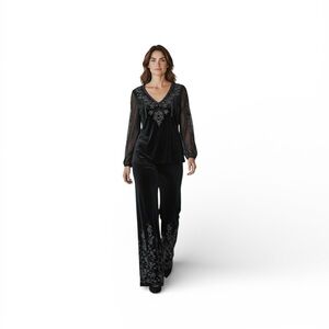 CDC Vintage Black Velvet Sparkly Floral Beaded Two Piece Outfit Top Size S/M